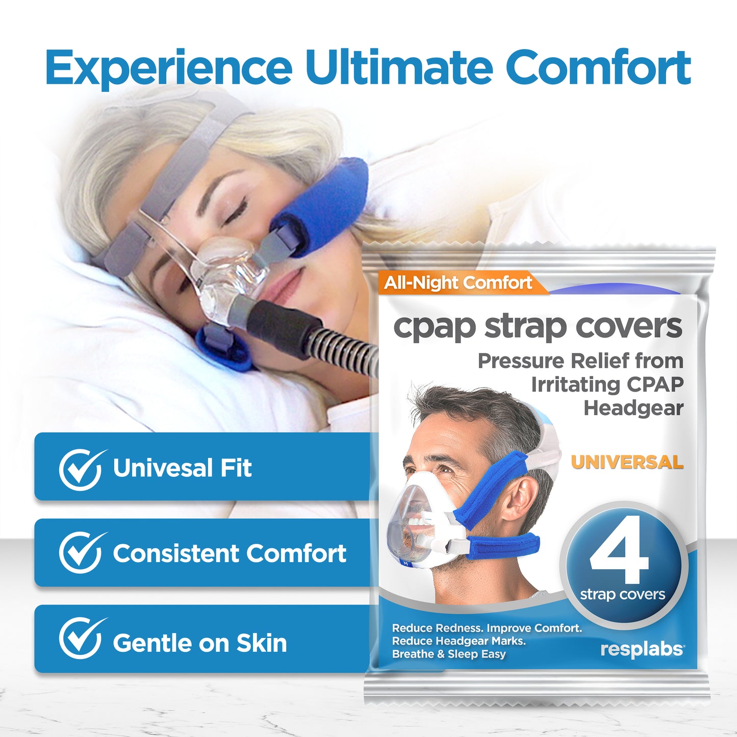 resplabs CPAP Strap Covers | Compatible with Most Full Face and Nasal CPAP Mask Headgear | Universal | 4 Pack