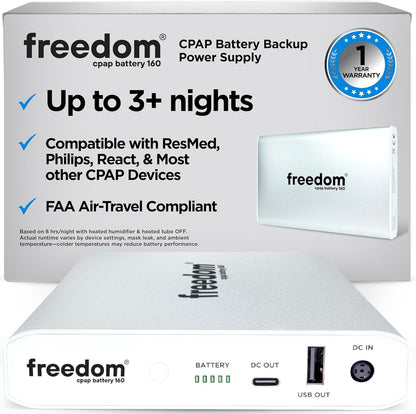Freedom CPAP Battery Backup Power Supply, 160 Watt Hour, for Camping, Airline Travel & Power Outages