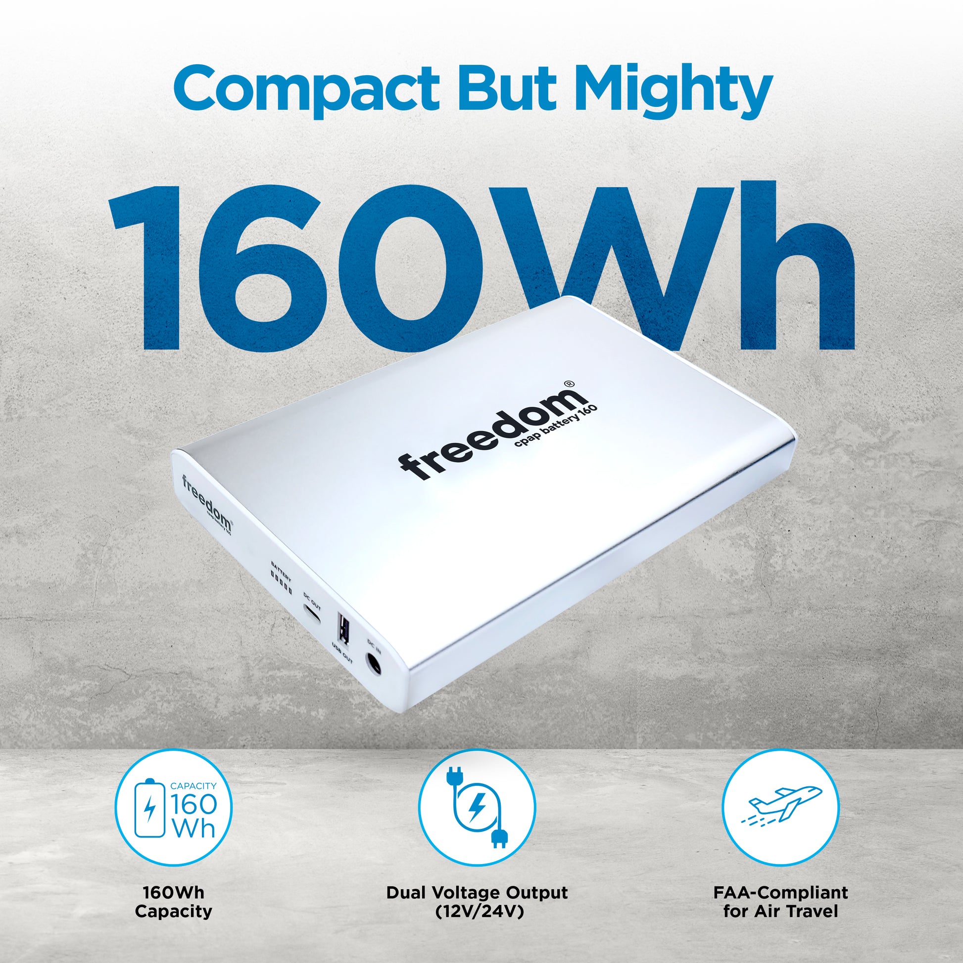 Freedom CPAP Battery Backup Power Supply, 160 Watt Hour, for Camping, Airline Travel & Power Outages