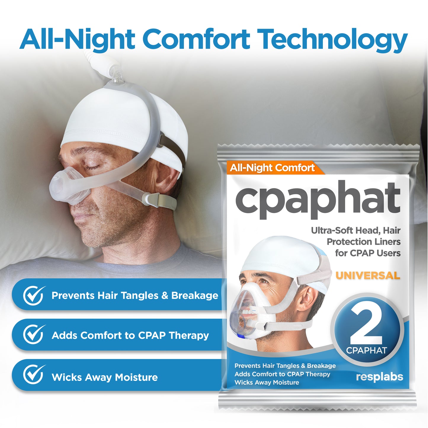 respLabs CPAP Comfort Liner - cpaphat 2-Pack - Helps Reduce Strap Marks and Hair Damage - Ultra-Soft Protection for Most CPAP Masks - Universal Fit Design